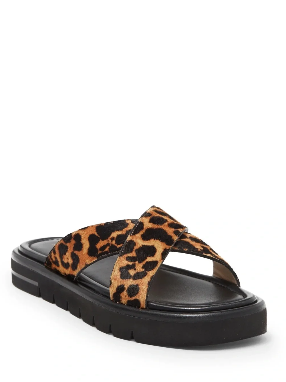 Stuart Weitzman Elodie Leopard Print Cross Lug Slide Sandals Black